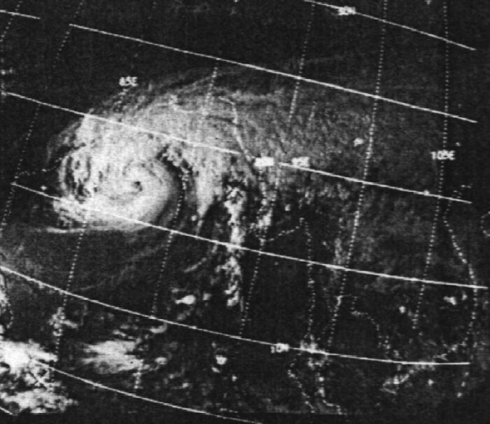 Black and white satellite image showing a large hurricane, one of the major natural disasters in the last century.