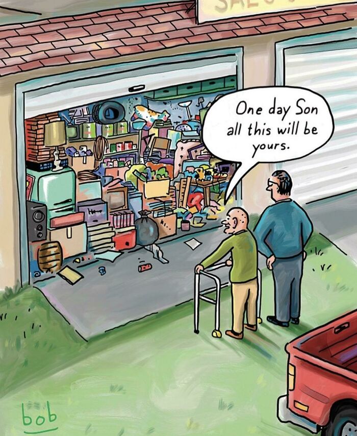 Older man with walker showing cluttered garage to son, illustrating cringy jokes about boomers and internet culture clash.