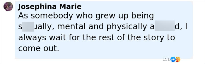 Comment on social media post by Josephina Marie discussing personal experience related to trauma and waiting for more information.