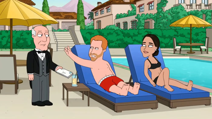 Animated characters resembling Meghan Markle and Prince Harry lounging by a pool in a Family Guy episode scene.
