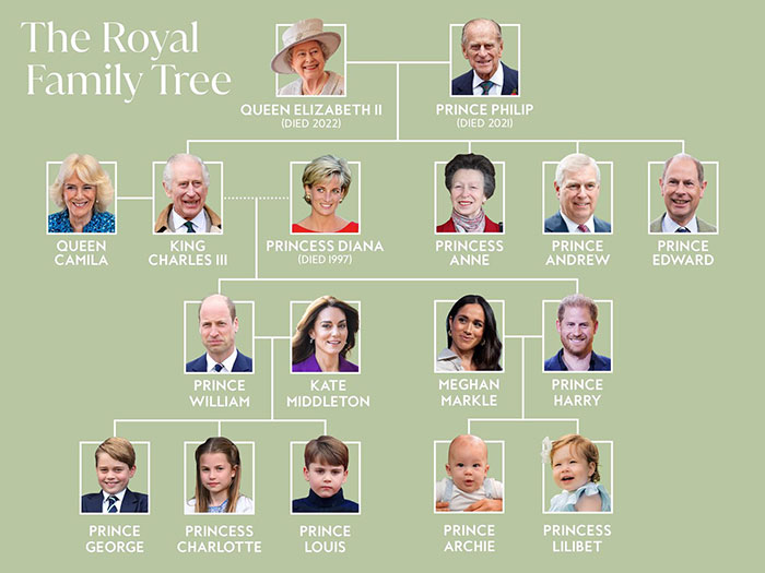 Royal family tree showing Prince William, Prince Harry, and their cousin, whose body was found by family at their home.