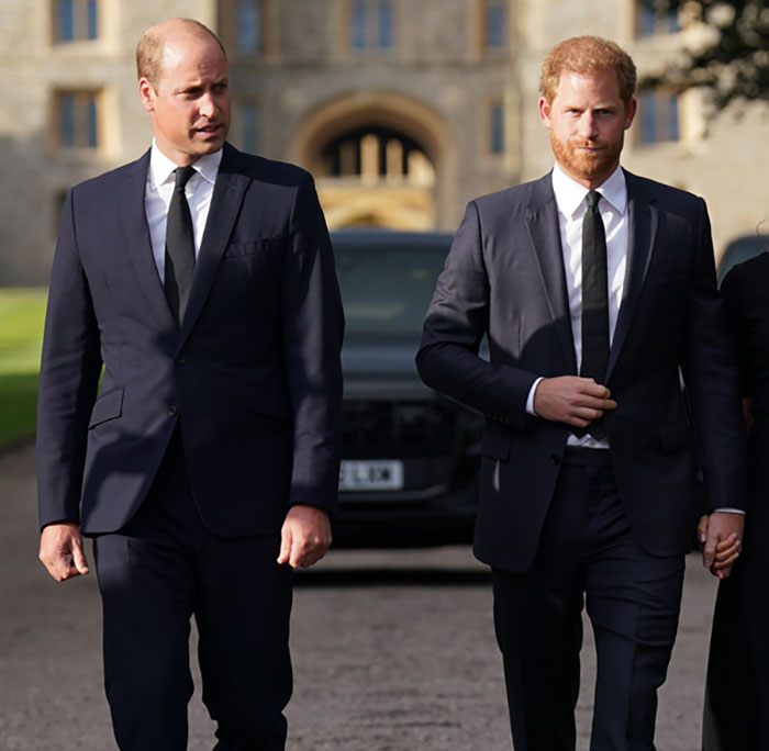 Prince William and Harry walking solemnly outside a building, dressed in black suits, attending a family tragedy event.
