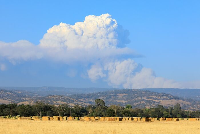 Large plume of smoke rising from catastrophic wildfires in a rural area with dry fields and distant hills under clear sky