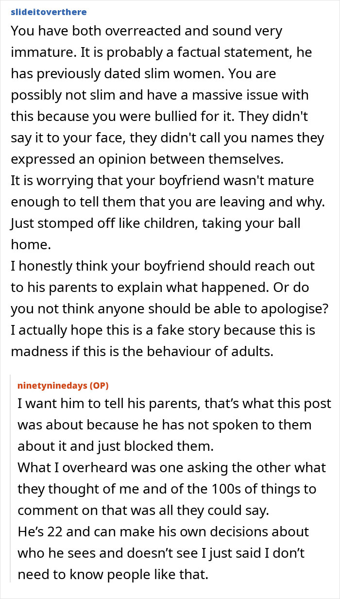 Woman shocked after overhearing boyfriend&rsquo;s parents talking about her, upset and avoiding seeing them again.