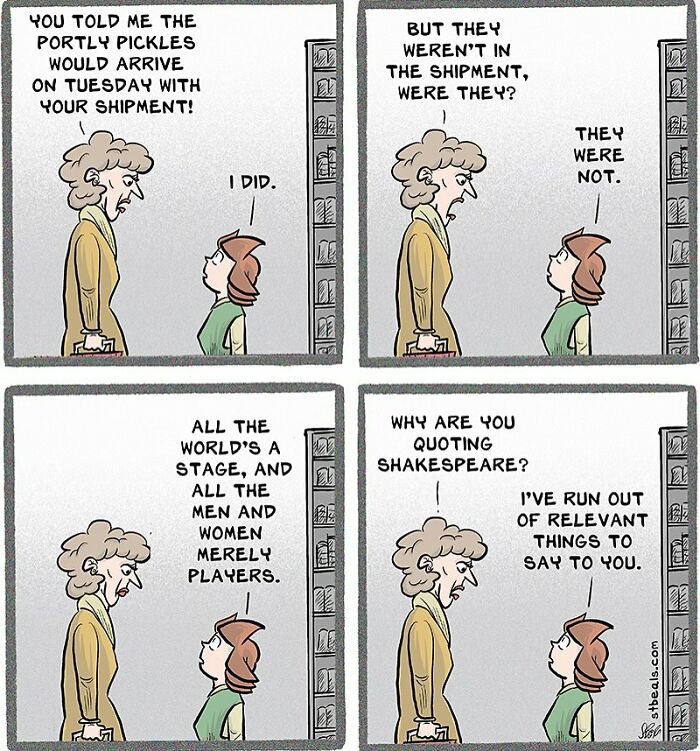 Comic strip illustrating the chaos of work and everyday life through humorous dialogue about a missing shipment.