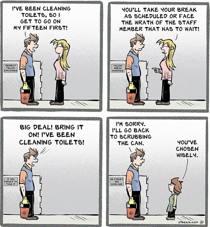 Comic panels showing the chaos of work with a janitor negotiating break time and facing staff pressure humorously.