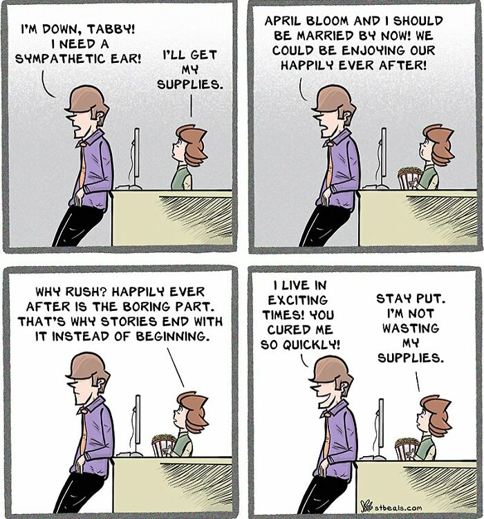 Comic strip humorously capturing the chaos of work and everyday life with a witty office conversation about supplies.