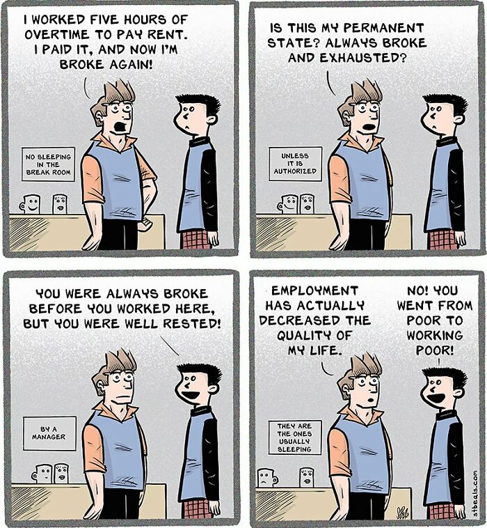 Comic panels showing a conversation about work stress and money issues, capturing the chaos of work and everyday life.