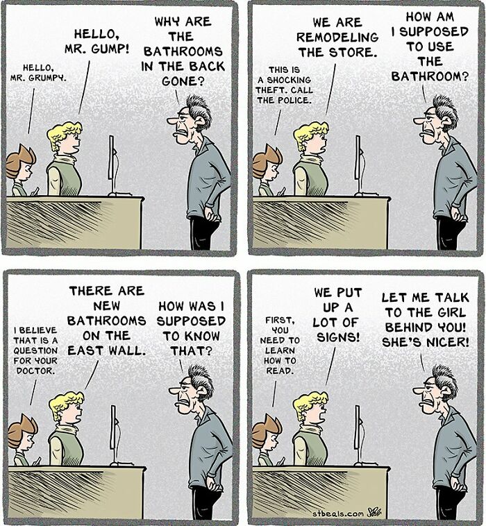 Comic strip showing a humorous work scene about missing bathrooms, highlighting chaos of work and everyday life.