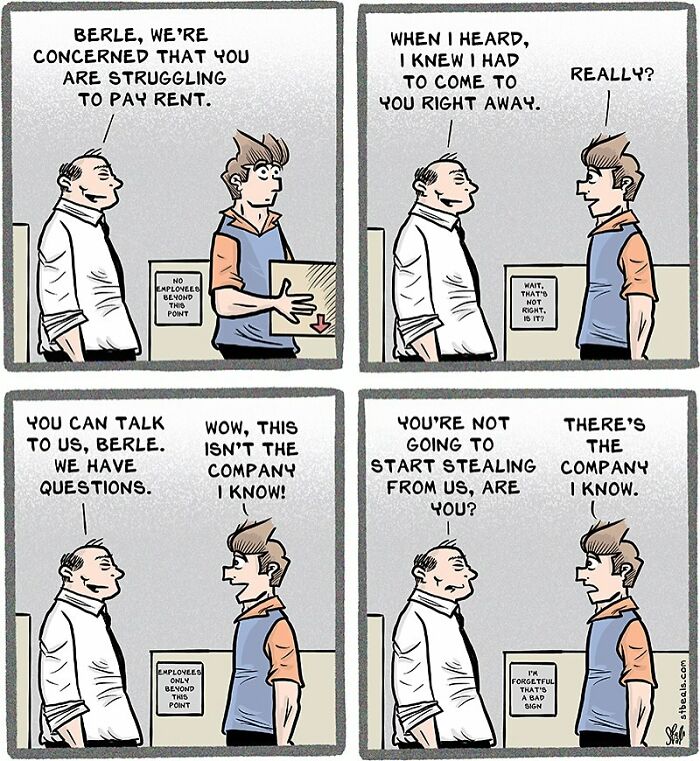 Comic strip illustrating work chaos with two employees discussing struggles, trust, and company dynamics in a humorous office setting.