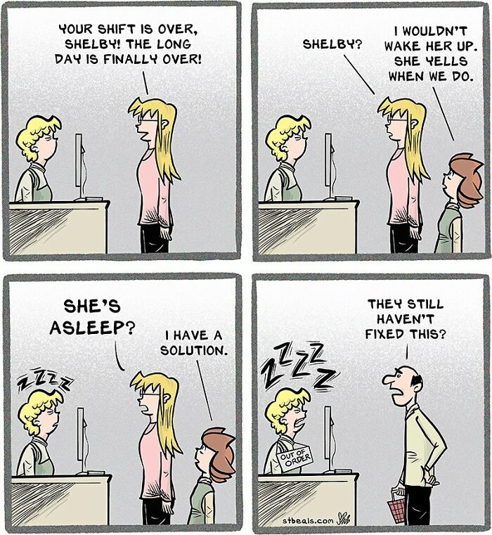 Comic strip humorously capturing the chaos of work with a sleeping employee and an out-of-order computer at the office.