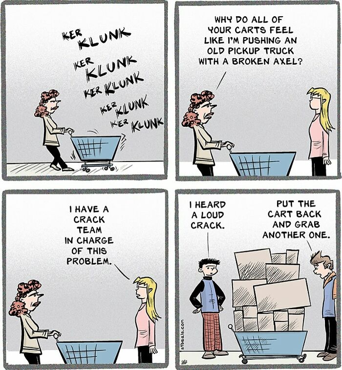 Comic showing a woman struggling with a noisy shopping cart, capturing work and everyday life chaos humor.