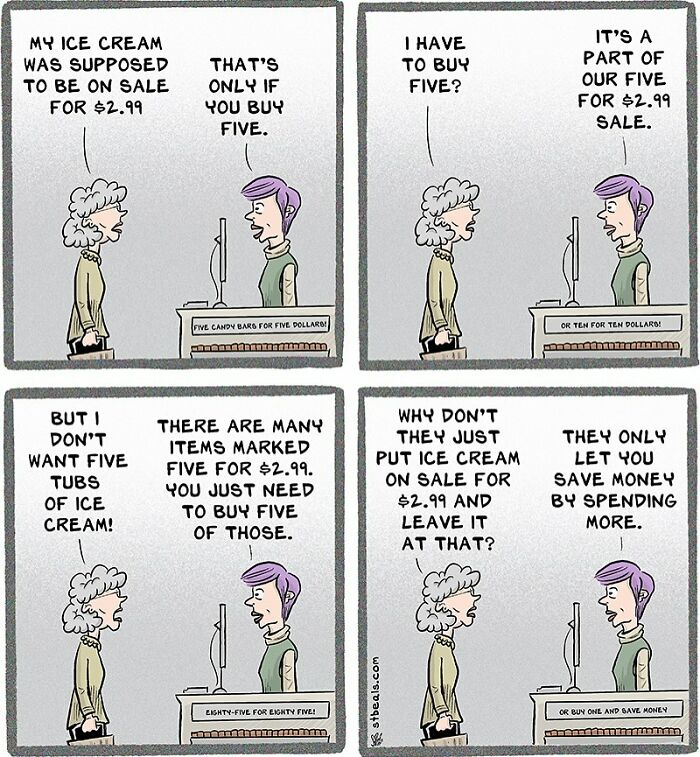 Comic strip showing a humorous retail transaction that captures the chaos of work and everyday life situations.