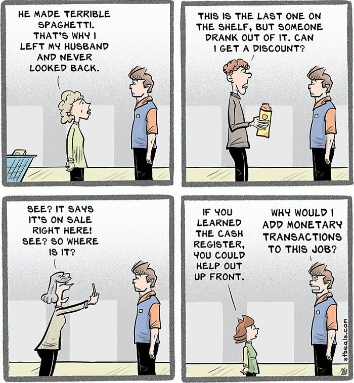 Comic panels humorously capturing the chaos of work and everyday life through customer and employee interactions.