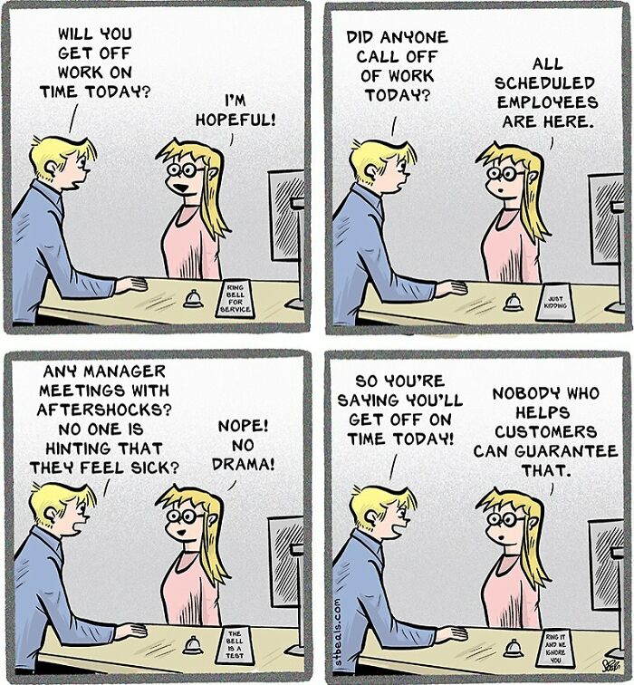 Comic strip showing a humorous work conversation that captures the chaos of work and everyday life humor.