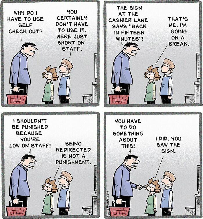 Comic strip humorously capturing the chaos of work and everyday life with staff shortages and self-checkout frustrations.