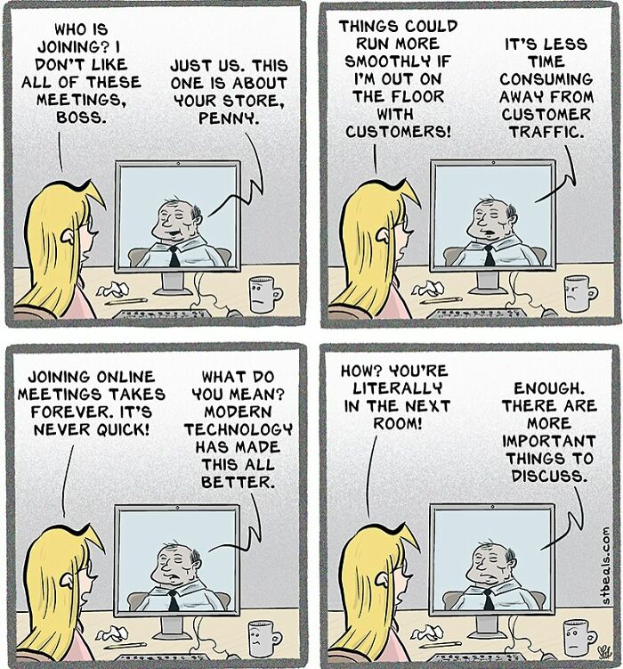 Comic showing the chaos of work life with a humorous online meeting between an employee and her boss.