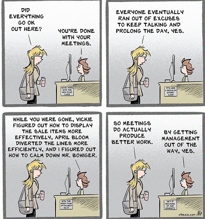 Comic illustrating the chaos of work with employees humorously discussing pointless meetings and office management challenges.