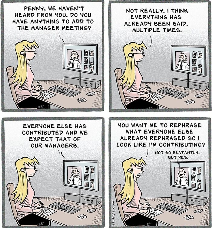 Woman in virtual meeting comic illustrating the chaos of work and everyday life with humorous dialogue on contribution.