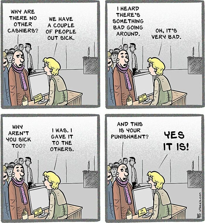 Comic showing the chaos of work and everyday life with sick employees and minimal staffing at a checkout counter.