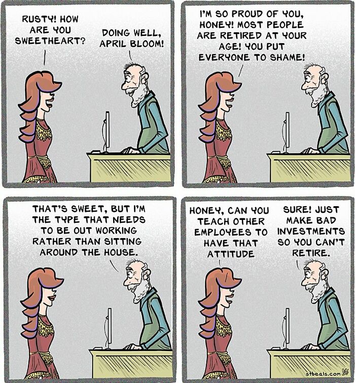 Older man and woman in a comic discussing work attitude and retirement, capturing the chaos of everyday life humor.