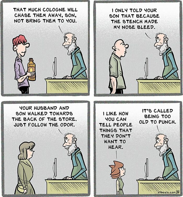 Comic panels showing humorous chaos at a store, capturing the chaos of work and everyday life with witty dialogue.