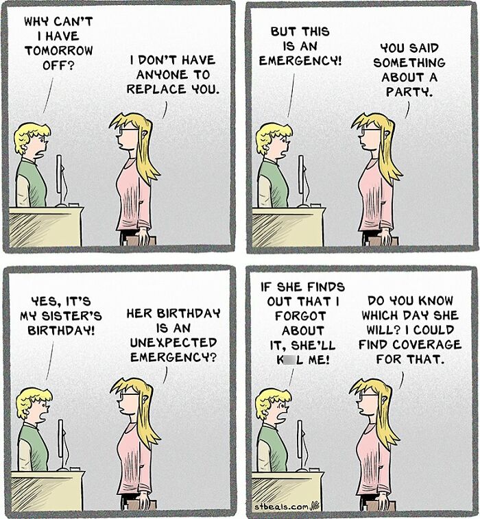 Two coworkers humorously discuss chaotic work emergencies and personal life conflicts in a comic about work and everyday life.