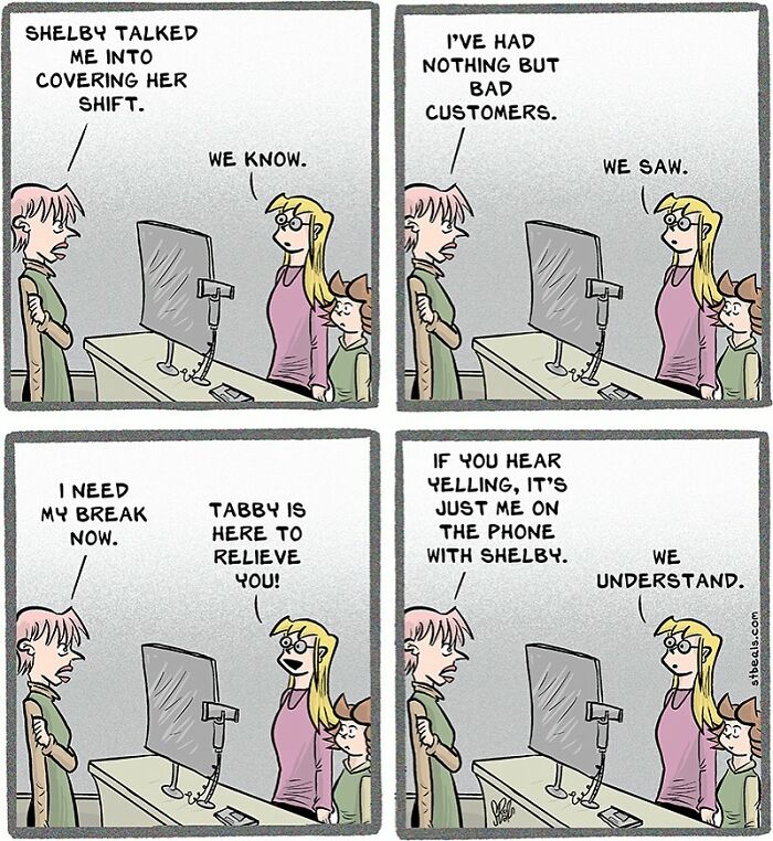 Comic strip showing coworkers humorously dealing with work chaos, highlighting the stress of bad customers and shift coverage.