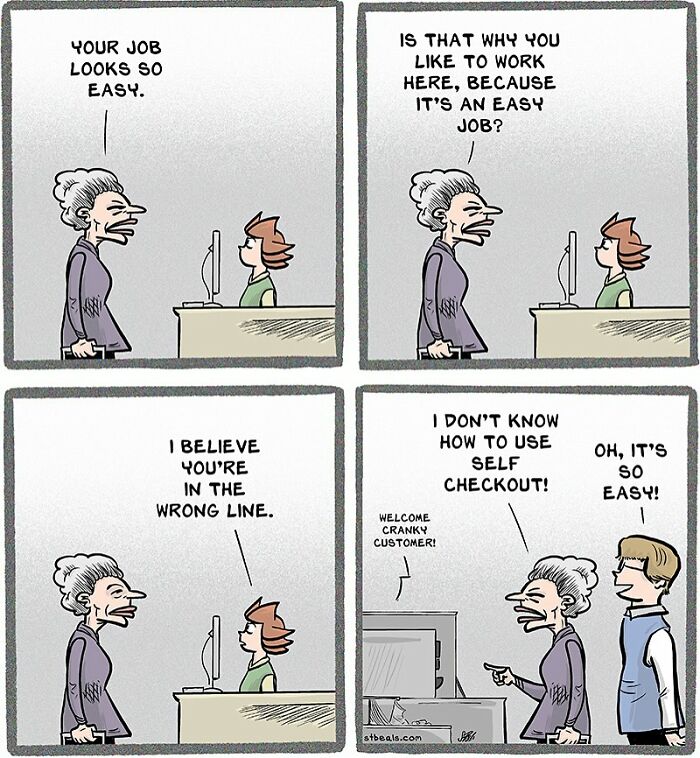 Comic showing the chaos of work life with a cranked customer struggling with self-checkout humor.