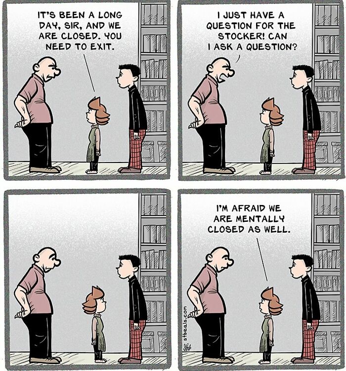 Cartoon depicting the chaos of work and everyday life with characters humorously discussing being mentally closed.