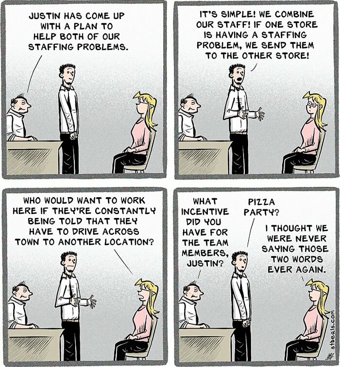 Cartoon depicting the chaos of work life with staff problems and humorous office conversations about incentives and shifts.