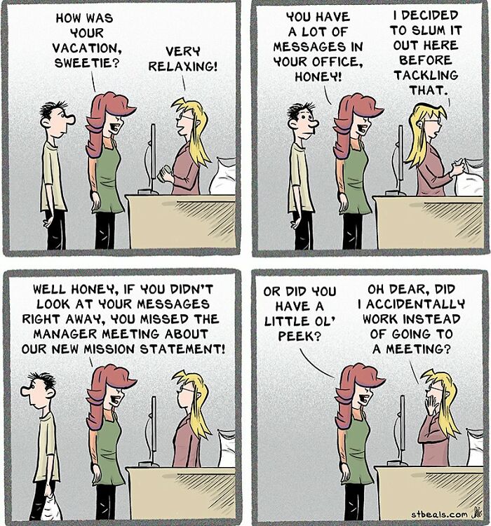 Comic panels humorously capturing the chaos of work and everyday life with office messages, meetings, and distractions.