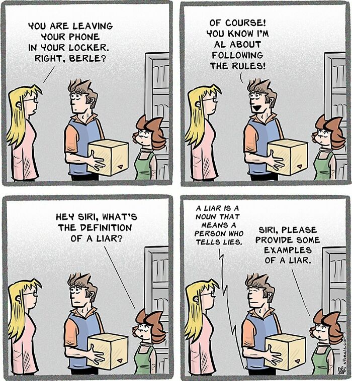 Comic strip showing workplace chaos with characters discussing rules, honesty, and asking Siri for the definition of a liar.