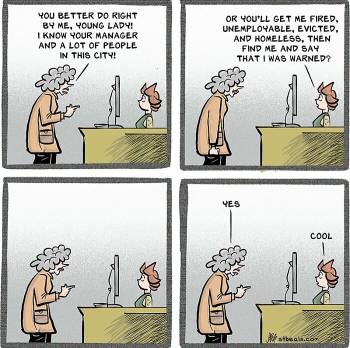 Comic showing workplace chaos with an older woman threatening a young employee over a computer in an office setting.