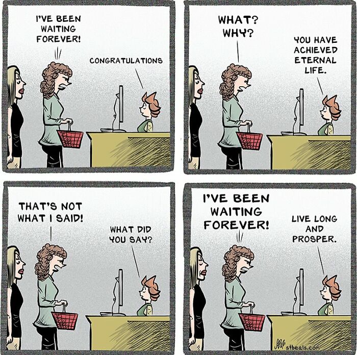 Comic depicting the chaos of work and everyday life, showing a woman frustrated by long waiting times at a service desk.