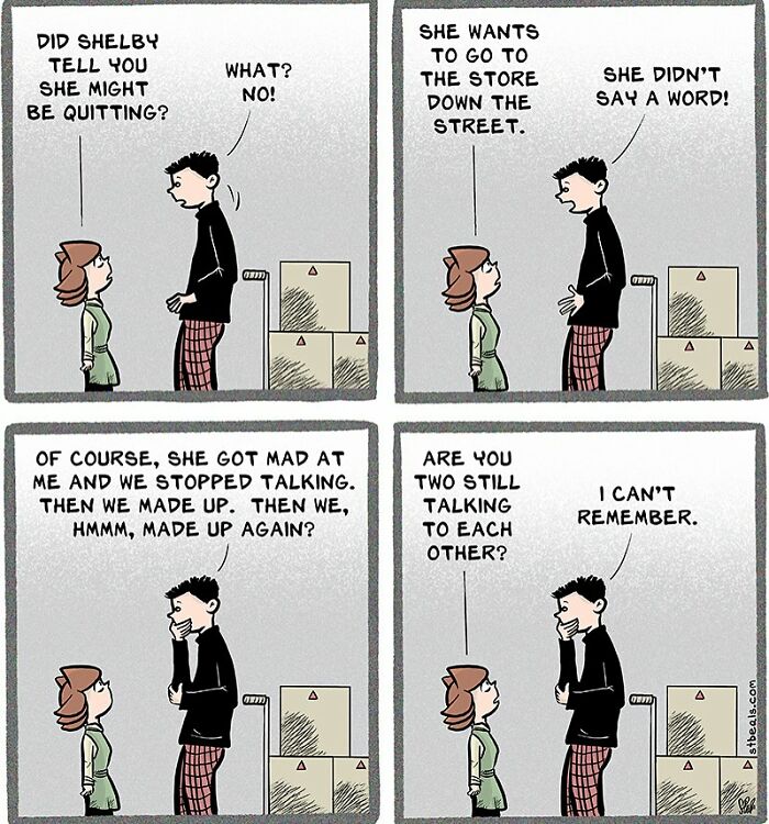 Two coworkers humorously discuss the confusing communication and chaos of work and everyday life in a comic strip.