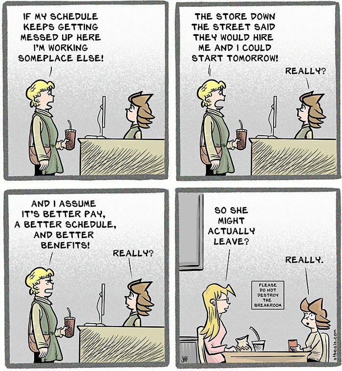 Comic strip depicting hilarious work chaos as an employee discusses quitting for better pay, schedule, and benefits with coworkers.