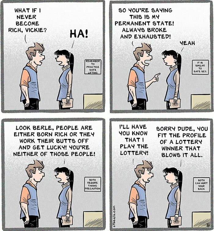Two coworkers humorously discuss the chaos of work and everyday life, highlighting exhaustion and financial struggles.