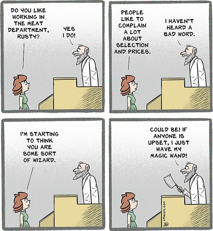 Comic showing a humorous conversation about work, capturing the chaos of everyday life and funny workplace moments.