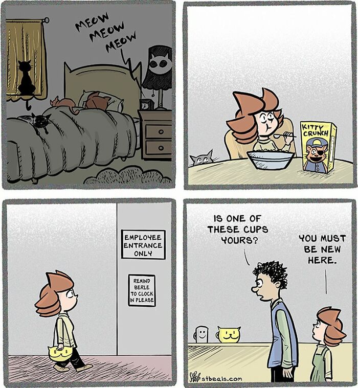 Comic panels showing the chaos of work and everyday life with cats, breakfast, and office humor.