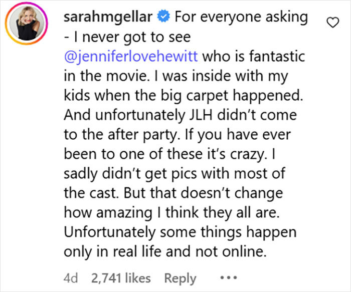 Instagram post by Sarah Michelle Gellar explaining why she didn&rsquo;t pose with Jennifer Love Hewitt at the premiere.
