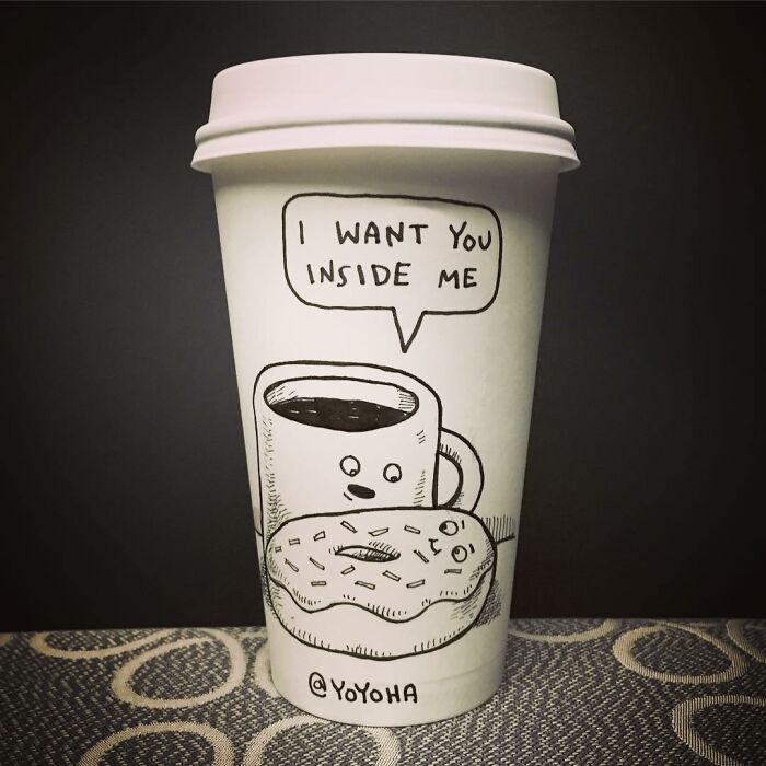 Coffee cup artwork with a cartoon coffee mug telling a donut I want you inside me in a humorous style.