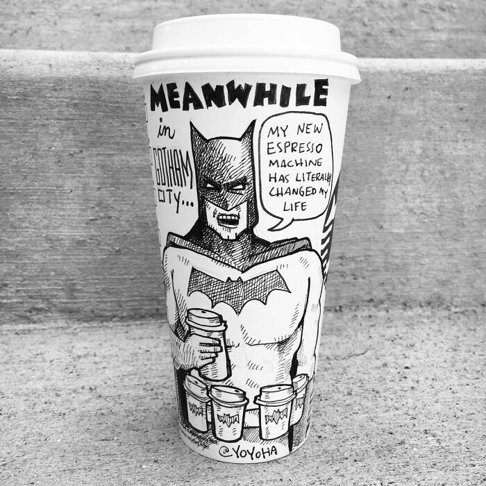 Coffee cup cartoon featuring Batman humorously holding multiple coffee cups, showcasing relatable coffee cup art by the artist.