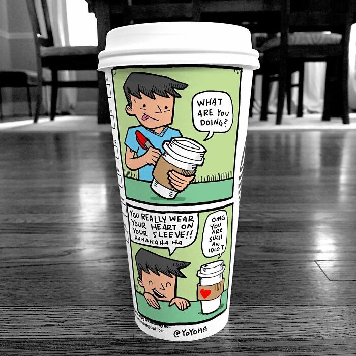 Coffee cup featuring a hilarious relatable cartoon by artist YoYoHa with a character holding the cup and speech bubbles.