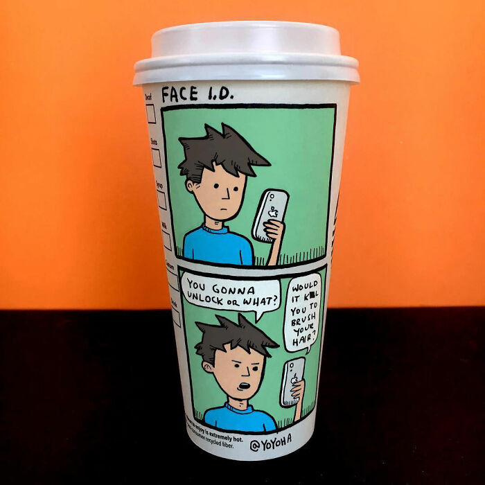 Coffee cup with humorous cartoon illustrating relatable face ID struggles, featuring hand-drawn comic character and speech bubbles.