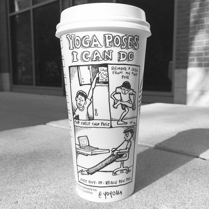 Disposable coffee cup featuring humorous relatable cartoons about yoga poses by an artist, turning coffee cups into art.
