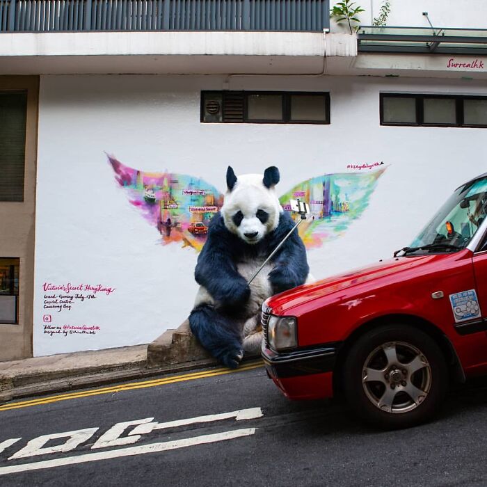 Panda street art by SurrealHK in Hong Kong shows a playful panda taking a selfie on a city wall next to a red taxi.