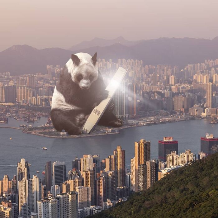 Giant panda edit holding a glowing object above Hong Kong cityscape, showcasing surreal panda edits by SurrealHK.