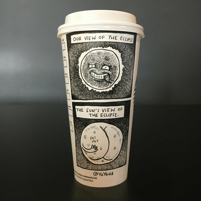 Coffee cup featuring a humorous cartoon illustrating two views of an eclipse, showcasing relatable coffee cup art.