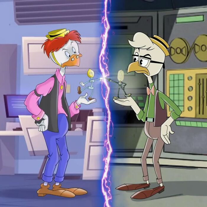 Split image of a beloved cartoon duck character in two different art styles showing character evolution over time.